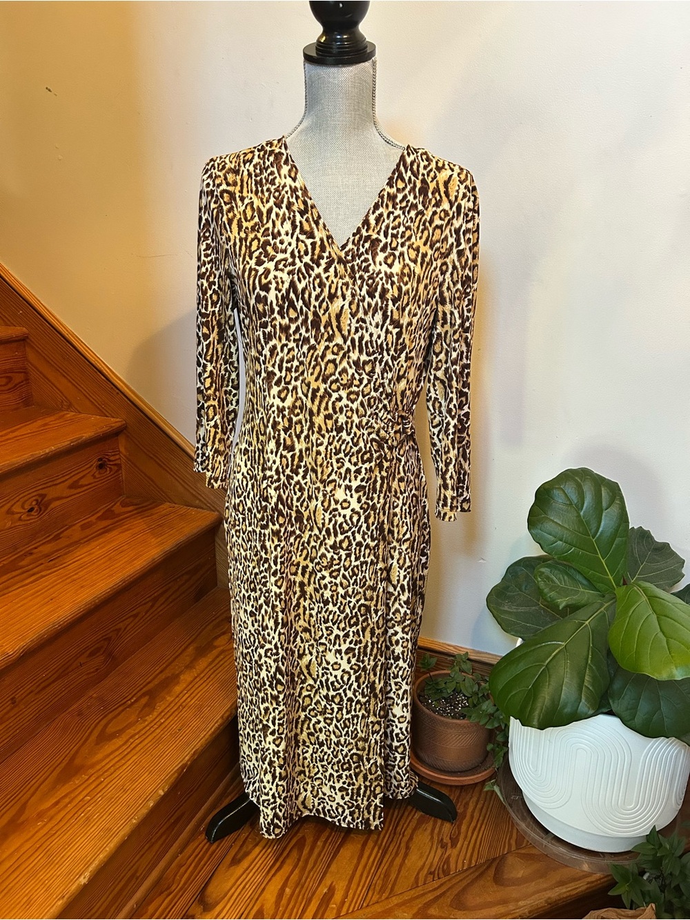 Chapter Leopard-Print Wrap Midi Dress in Brown and Cream